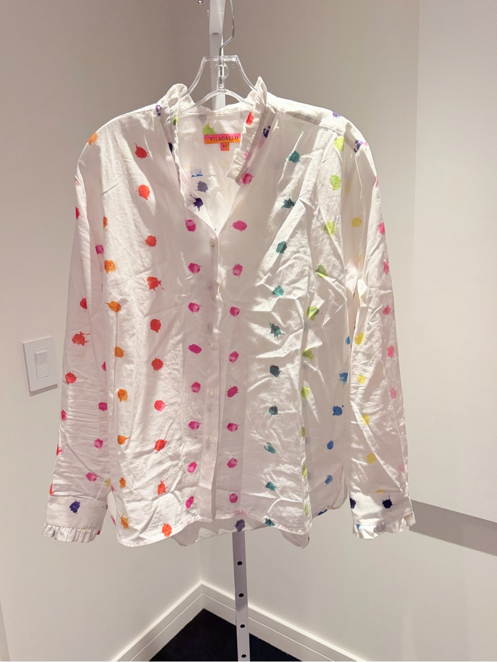Vilagallo White Blouse with Neon Green, Pink, Blue and Purple Paint Splatter